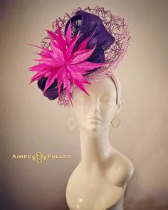 Handmade Silk and Paper Feathered Fascinator-- Structured, chic criss-cross woven material on this asymmetrical showpiece. Purple silk ribbon feature and hot pink feathers. Easy-to-wear headband fascinator makes a statement, and can be worn to a myriad of events: Easter, Bridal, Derby-Wear, Del Mar Races, Hat Contests, Church, Gala, Kentucky Derby, Melbourne Cup, High Tea, Weddings, Cocktail Parties, Weddings, and More.  Some customization available as this is made-to-order; please message with your requests to see if we can meet your needs. Other colors available; please inquire before purchase if you need another color. Please note: this one particular piece is made-to-order, and has an extended handling time.  *FREE SHIPPING  For more STATEMENT JEWELRY and HANDMADE HATS go to www.aimees Purple Headpieces For Spring Races, Fitted Costume Hat With Pinched Crown, Fitted Purple Hat With Short Brim, Adjustable Purple Fascinator For Races, Purple Headband Fascinator For Royal Ascot, Adjustable Purple Fascinator With Short Brim, Purple Adjustable Fascinator With Short Brim, Purple Headband For Kentucky Derby, Purple Headband Hats For Kentucky Derby