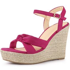 A jute-wrapped wedge heel brings warm-weather goodness to a breezy sandal secured with an adjustable ankle strap. Smooth suede straps lend appeal to an espadrille-inspired sandal set on a jute-wrapped platform and lofty wedge heels. Pair it with a skirt or jeans to make your summer outfit more colorful and eye-catching. Hot Pink Wedges, Pink Wedge Heels, Pink Platform Sandals, Pink Platform, Pink Wedges, Lace Up Espadrilles, Women's Espadrilles, Ankle Strap Wedges, Platform Espadrilles