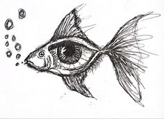 a drawing of a fish with an eye on it's side and bubbles coming out of its mouth