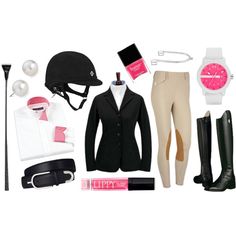 a woman's equestrian gear including riding boots, hat and gloves