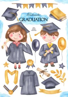 watercolor graduation clipart set with kids in caps and gowns, holding balloons