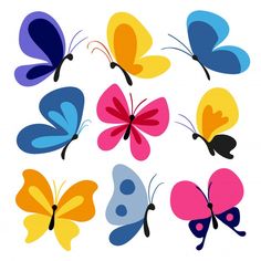 six different colored butterflies with black spots on the wings and one is yellow, blue, pink