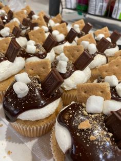 cupcakes with marshmallows and chocolate on them are arranged in rows