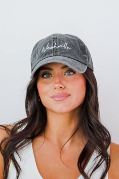 Calling all Nashville residents, the Nashville Script Embroidered Hat was made just for you! This cute hat is made of a soft cotton construction. It has a rounded top and a slightly rounded brim with "Nashville" embroidered on the front! Available in 3 colors. Adjustable Strap Embroidered 100% Cotton Spot Clean with Damp Cloth or Sponge One Size Fits Most Cute Hat, Embroidered Hat, Exclusive Dress, White Charcoal, Embroidered Hats, Cute Hats, Custom Hats, Charcoal Color, Hunter Green