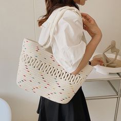 Casual style woven tote bag with large capacity. Size/Inches SIZE HEIGHT(CM) 21 THICKNESS(CM) 11 LENGTH(CM) 40 White Woven Rectangular Bucket Bag, White Rectangular Woven Bucket Bag, Woven Rectangular White Bucket Bag, White Woven Straw Shopping Bag, White Crochet Tote Bag With Large Capacity, White Woven Straw Bag, White Crochet Tote Bag Large Capacity, White Crochet Bag With Large Capacity For Daily Use, Trendy Rectangular Canvas Bag With Braided Handles