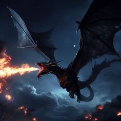 two large black dragon flying through the air next to each other on a cloudy night