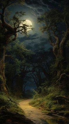 a painting of a path leading through a forest at night with the moon in the sky