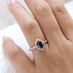 Black Diamond Engagement Ring Rose Gold Cluster Halo Diamond Oval Ring | La More Design Elegant Black Diamond Wedding Ring, Oval Black Diamond Ring, Black Oval Cluster Ring For Anniversary, Black Oval Diamond Wedding Ring, Black Cluster Ring For Wedding, Fine Jewelry, Oval Black Diamond Wedding Ring, Black Oval Ring For Wedding, Wedding Black Diamond Ring, Wedding Rings With Black Diamonds In Round Cut