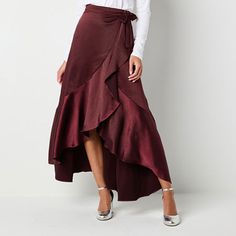 Amp up the glamor with this Ryegrass women's satin wrap skirt. Featuring a dramatic ruffled high low length and waist tie, you'll make a statement at the office or your next night out paired with a blouse or fitted top. Front Style: Flat FrontClosure Type: ButtonClosure Location: Right SideRise: High RiseApparel Length: 39 InchesFiber Content: 96% Polyester, 4% SpandexFabric Description: SatinLining: UnlinedSkirt Length: High Low LengthCare: Machine WashSkirt Type: Wrap SkirtsCountry of Origin: Elegant High-low Hem Maxi Skirt For Party, Elegant Bottoms With Ruffles And High-low Hem, Summer Satin Tiered Skirt, Elegant Asymmetrical Hem Maxi Skirt, Elegant Ruffled Maxi Skirt With Asymmetrical Hem, Satin Ruffled Skirt For Party, Chic Satin Tiered Skirt, Spring Satin Ruffled Skirt, Elegant Tiered Wrap Skirt For Party