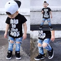 Boy's Hip To The Hop Outfit Outfit Includes Jeans And Short Sleeved Shirt Material: Cotton Blend Black Spring Playwear Tops, Black Summer Tops For Playtime, Black Top For Playtime In Spring, Black Tops For Playtime In Spring, Casual Black Playwear Tops, Casual Black Tops For Playwear, Black Casual Playwear Tops, Denim Pants Outfit, Boss Outfit