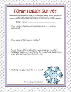 a snowflake holiday survey form with the words family holiday survey written on it