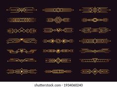 a set of gold lines and arrows on a black background, in the style of art deco