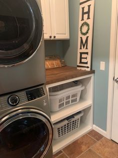 I needed a space to fold and storage for laundry baskets. Our old laundry room had side by side so I was constantly sliding the baskets around on top of the machines. The stackables work great in the space! I had a carpenter come build the shelves and I already had the butcher block which he cut to fit. I Painted the upper cabinet white and he hung it for me. I’m so happy with how this turned out-especially because it’s an entry point into our home from the garage! Laundry Room Ideas Small Space With Stackable Washer And Dryer, Laundry Closet With Stackable Washer And Dryer, Laundry Room Ideas For Stackable Washer And Dryer, Laundry Room Organization Stackable Washer And Dryer, Laundry Room Ideas Small Space Stacked Washer Dryer, Laundry Room Ideas Stacked Washer Dryer Ikea, Stackable Laundryroom/mudroom Ideas, Stack Laundry Room Ideas Small Spaces, Laundry Room Organization With Stackable