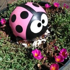 a pink and black ladybug ball sitting in some grass with flowers around it