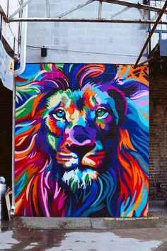 a colorful lion painted on the side of a building