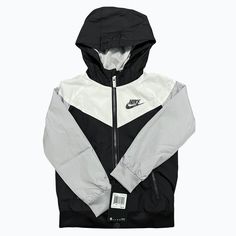 Nwt Sizes 4, 6, & 7. Nike Windrunner Black/White/Gray Full Zip Jacket. Retail Is $50. Great Jackets! See My Closet For Additional Colors! Baby Boy Nike, Nike Coat, Nike Windrunner, Nike Windbreaker Jacket, Windrunner Jacket, Nike Track Jacket, Toddler Jacket, Nike Sweats, Nike Pullover