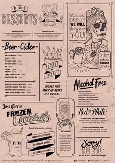 a menu with different types of food and drinks on the front, in black and white