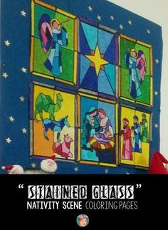 stained glass nativity scene coloring pages on a blue background with the words stained glass nativity scene coloring pages