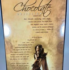 an advertisement for chocolate is shown on the back of a book cover that features a woman in a brown dress