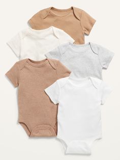 Online exclusive! Pack includes 5 short-sleeve bodysuits for baby, in assorted colors, prints or patterns.  Rib-knit envelope neckline.  Short sleeves, with lap shoulders.  Snaps along inseam for easy dressing and diaper changing.  Soft-washed, fine-gauge knit.  These bodysuits are totally comfy & unisex, too.  Wearable & shareable for him, for her, for them.  Fitted through body. Machine wash cold, tumble dry low. Cool Baby Clothes, Neutral Baby Clothes, Baby Fits, Newborn Essentials, Organic Cotton Baby, Short Sleeve Bodysuit, Toddler Girl Outfits, Baby Boy Newborn