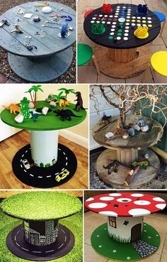 there are many different tables made out of wood and plastic materials on the ground, including mushrooms