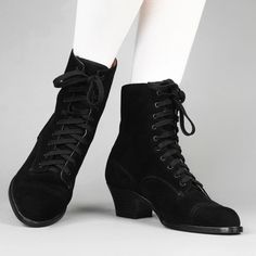 Beautiful reproduction lace-up boots perfect for late Victorian, Edwardian, and Vintage fashion and costume. High-quality, comfortable, and perfect for everyday wear, historical reenactment, witches, Lolitas, steampunks, historybounding, theater, and cost American Duchess, Victorian Shoes, Boots Wide, Historical Reenactment, Suede Fashion, Paris Woman, Black Vegan, Vintage Boots, Black Boots Women