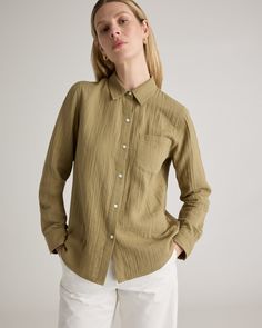 Stow away that stuffy button-down. Our Organic Cotton Gauze Long Sleeve Shirt does it all, this versatile shirt can take you from the office to days at the beach. Made of our premium organic cotton gauze, it's soft and breathable with subtle texture. Everyday Khaki Shirt, Everyday Khaki Shirt With Buttons, Solid Shirt With Button Cuffs For Everyday Wear, Everyday Long Sleeve Khaki Shirt, Everyday Button-up Shirt With Button Cuffs, Khaki Collared Shirt For Office, Khaki Collared Office Shirt, Everyday Khaki Shirt With Button Closure, Everyday Solid Button-up Shirt