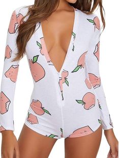 Peachy Women Sexy Long Sleeve Button up Romper Sleepwear Pajamas With cartoon peaches Pj Romper, Women Long Sleeve Jumpsuit, Long Sleeve Playsuit, Leotard Tops, Bodycon Outfits, Body Suit With Shorts, Short Playsuit, Cute Rompers, Long Sleeve Jumpsuit