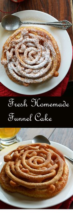 fresh homemade funnel cake on a white plate