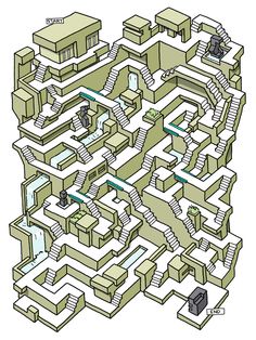 a drawing of a maze with stairs and buildings