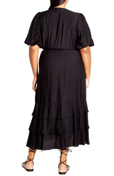 Turn up the charm in a ruffle-decked dress shaped with a graceful neckline. 51" length (size XS/14) Surplice V-neck Short sleeves with elastic cuffs Removable sash Lined 80% viscose, 20% nylon Hand wash, dry flat Imported Black Ruched Dress With Tiered Skirt, Flowy Tiered Midi Dress With Ruffles, Black Dress With Ruffles And Flowy Skirt, Fitted Ruffle Maxi Dress In Rayon, Chic Rayon Midi Dress With Ruffle Hem, Black Ruffled Maxi Dress For Spring, Tiered Rayon Dress With Ruffle Hem, Black Flowy Dress With Ruffles, Elegant Rayon Midi Dress With Ruffles