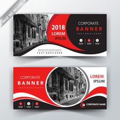 two red and black business banners with an image of a building on the back side