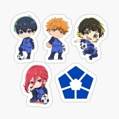 six anime character stickers with different colors and designs on them, including one boy holding a soccer ball