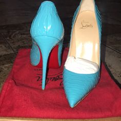 “So Kate Python Crystal Pumps” Pacific Blue; Size 38 The Python Skin Is Gorgeous And The Color Makes Them Stand Out Beautifully! They Have Only Been Worn One Time For A Couple Of Hours, Hence The Minor Signs Of Wear And Almost Perfect Condition. Box And Dust Bag Included! Yes These Pumps Are Authentic, Non-Authentic Sale Of Items On Poshmark Are Against Policy!! Blue Round Toe Heels For Galas, Luxury Blue Heels For Galas, Designer Blue Almond Toe Heels, Luxury Blue Heels With Leather Sole, Designer Blue Heels With Leather Sole, Crystal Pumps, Python Skin, So Kate, Never Look Back