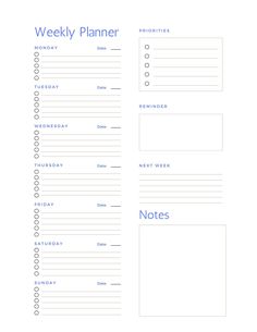 the printable weekly planner is shown in blue