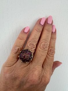 Gorgeous Vintage Pink Rubies 14K Yellow Gold Ring Circa 1960 Size 6 1/4 Estate piece Certificate of appraisal Comes in a black velvet gift box For the pink "lady" in a 1001 Nights... Vintage Pink Ruby Ring In 14k Gold, Purple Oval Ruby Ring, Fine Jewelry, Pink Victorian Hallmarked Ruby Ring, Vintage Pink Cabochon Ring, Pink Multi-stone Ruby Ring As A Gift, Pink Ring, Black Velvet, Vintage Pink, Yellow Gold Rings