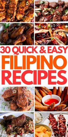 the cover of 30 quick and easy filipino recipes with pictures of different foods