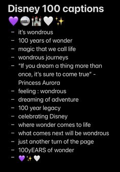 the disney 100 captions list is shown in purple and black with hearts on it