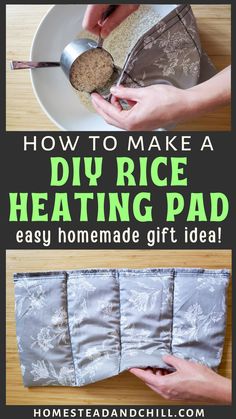 A hand holding a metal measuring cup, pouring rice into a fabric sack. The second image shows a finished homemade rice heating pad with grey floral fabric laying on a table. Diy Rice Heating Pad, Diy Rice Bags, Rice Heating Bags, Rice Bag Heating Pad, Diy Heat Pack, Homemade Heating Pad, Rice Heat Pack, Diy Heating Pad, Rice Heating Pad