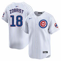 Show your love for your favorite Cubs player in this Chicago Cubs Ben Zobrist Nike Home Vapor Limited Jersey W/ Authentic Lettering. This genuine merchandise is designed and made by Nike, and is designed to keep you cool and comfortable all day long. It is made from a high performance recycled polyester, with detailed team graphics heat-sealed throughout the jersey, and features Zobrist's name and number on the back. Perfect for true Cubs fans who want to represent their team in a unique and sty Marcus Stroman, Ryne Sandberg, Dansby Swanson, Jersey Collection, Jackie Robinson, Custom Jerseys, Team Shirts, Athletic Apparel, Baseball Jersey