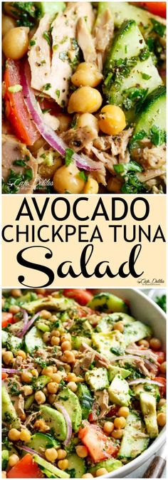 avocado chickpea tuna salad in a white bowl with text overlay