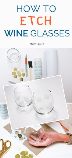 how to etct wine glasses with gold and white polka dots on the glass, surrounded by other crafting supplies