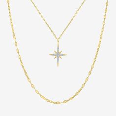 Elevate any ensemble with this women's 2-piece necklace set from the Yes, Please! collection. Crafted from 14K Gold Over Silver, it features a shorter chain with a star pendant accented with round-cut Lab-Grown Diamonds styled with a longer chain for an on-trend layered look. # Pieces In Set: 2Features: Adjustable, In A Gift Box, Celestial JewelryDiamond Clarity: I1-I2Jewelry Closure: Spring Ring ClaspSetting: ProngShape: StarStone Cut: RoundDiamond Color: G-HMetal Color: YellowChain Length: 16 Silver Star Necklace, North Star Necklace, Star Necklace Silver, Necklace Sets, Celestial Jewelry, Yes Please, Diamond Fashion, North Star, Watch Necklace