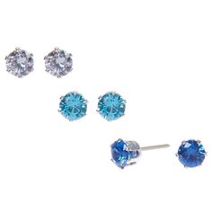 Feeling blue? These cubic zirconia stud earrings are perfect for you! This set comes with 3 pairs of earrings in clear, light blue, and blue. Finish: Silver-tone Diameter: 5MM Shape: Round Setting: 6 prong Closure: Post back Pack Size: 3 Material: Cubic zirconia - Claire's Silver Cubic Zirconia 5MM Round Stud Earrings - Blue, 3 Pack Asos Jewelry, Earring Pack, Vintage Stud Earrings, Earrings For Girls, Silver Jewelry Earrings, Star Jewelry, Round Stud Earrings, Earrings Blue, Girls Earrings