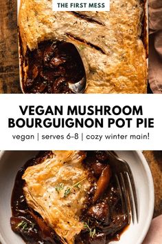 vegan mushroom bourgugion pot pie on a white plate with a fork