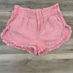 Kori America Pink Acid Washed Shorts Nwot Size Small Waist Is 16,Length Is 12 Pink Bottoms With Frayed Hem For Summer, Casual High Waist Pink Shorts, High Waist Lounge Shorts With Pockets, High-waist Loungewear Shorts With Pockets, High Waist Shorts With Pockets For Loungewear, Spring Mid-rise Shorts With Elastic Waistband, Pink Cotton Bottoms With Short Inseam, Cotton Bottoms With Frayed Hem, Casual Cotton Shorts With Frayed Hem