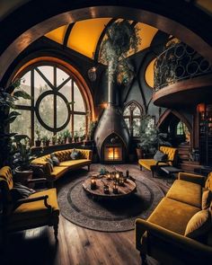 a living room filled with furniture and a fire place in the middle of an arched window