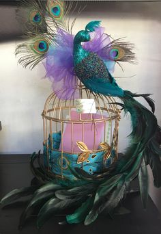 a bird in a cage with feathers on it