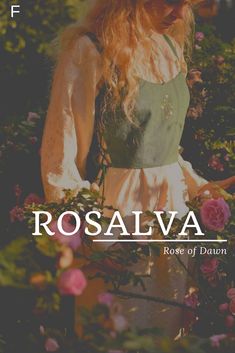 a woman standing in front of flowers with the words rose of dawn