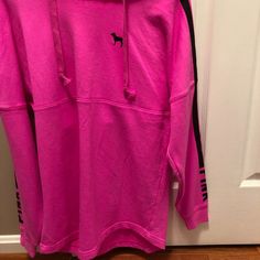 Pink By Victoria's Secret Pink And Black Hoodie With Logo On Sleeves. Nwot. Pink Oversized Sporty Hoodie, Oversized Pink Sporty Hoodie, Sporty Oversized Pink Hoodie, Pink Hoodie With Ribbed Cuffs For Loungewear, Pink Hoodie Sweatshirt For Loungewear, Pink Athleisure Hoodie For Loungewear, Trendy Pink Sports Hoodie, Pink Crew Neck Hoodie For Sportswear, Pink Casual Sports Hoodie